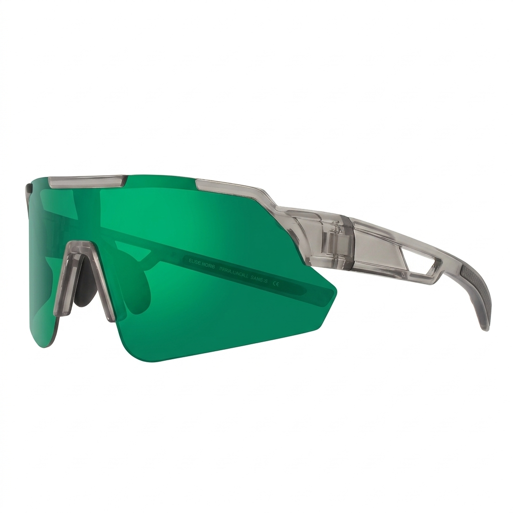 Sporty prescription cycling sunglasses with green shield lens and clear frame