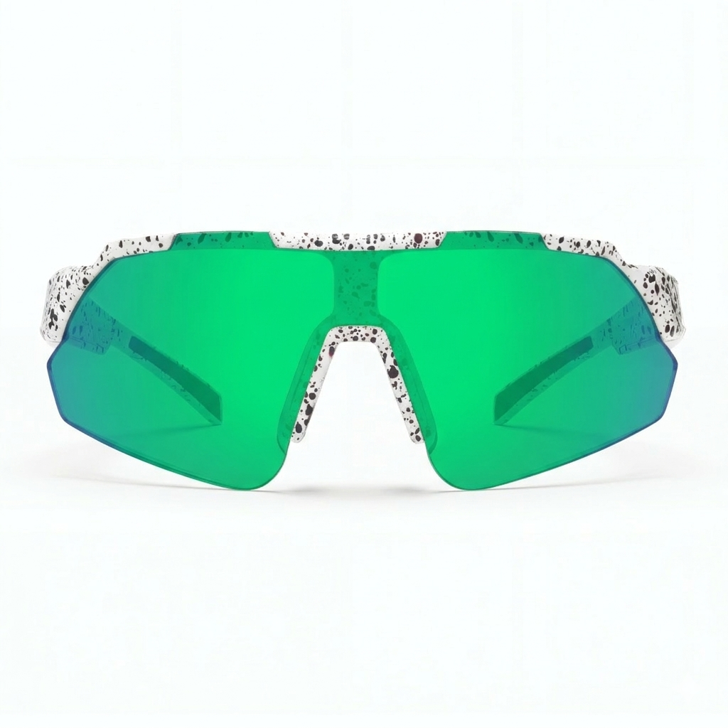 Green mirrored cycling sunglasses with speckled white and black frame, front view