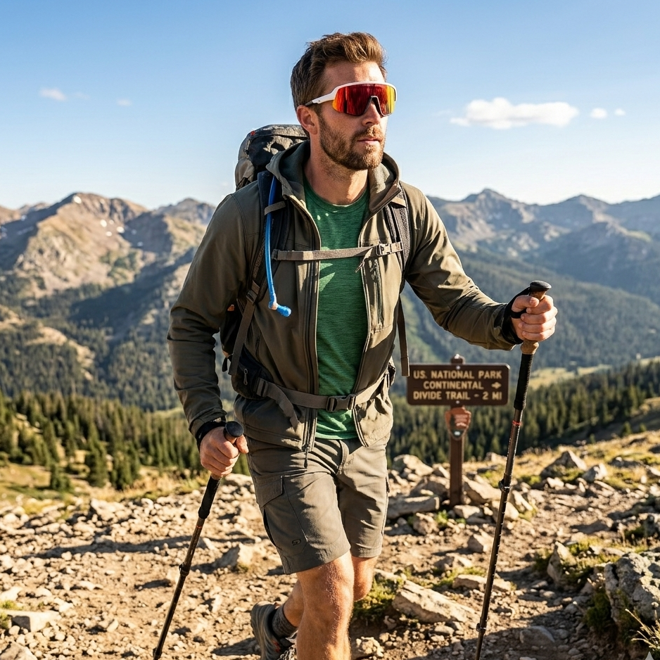 Man hiking with trekking poles and a backpack in a mountainous area