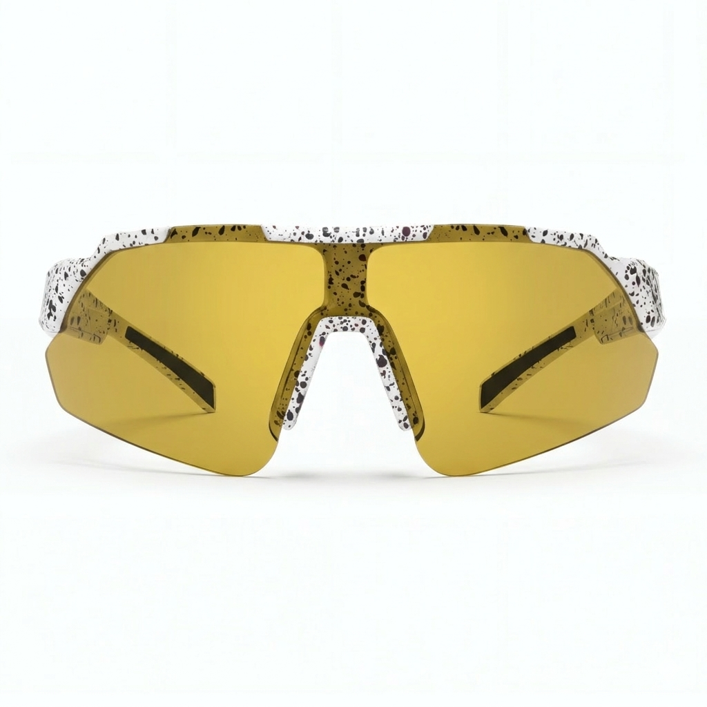 Yellow lens cycling sunglasses with speckled white and black frame, sports eyewear