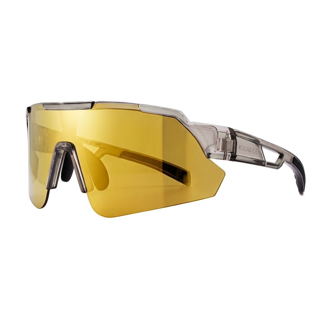 Yellow lens performance cycling sunglasses with clear angular frame and wraparound design