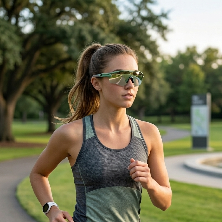 Woman running on a path in a park with trees and a fountain in the background.