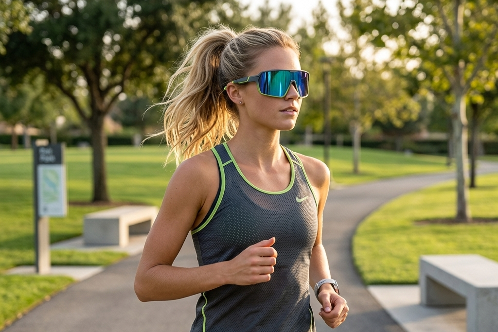 Woman running outdoors on a path with trees and grass in the background