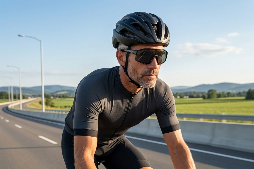Cyclist on a road bike wearing a helmet and sunglasses, riding on a clear day.