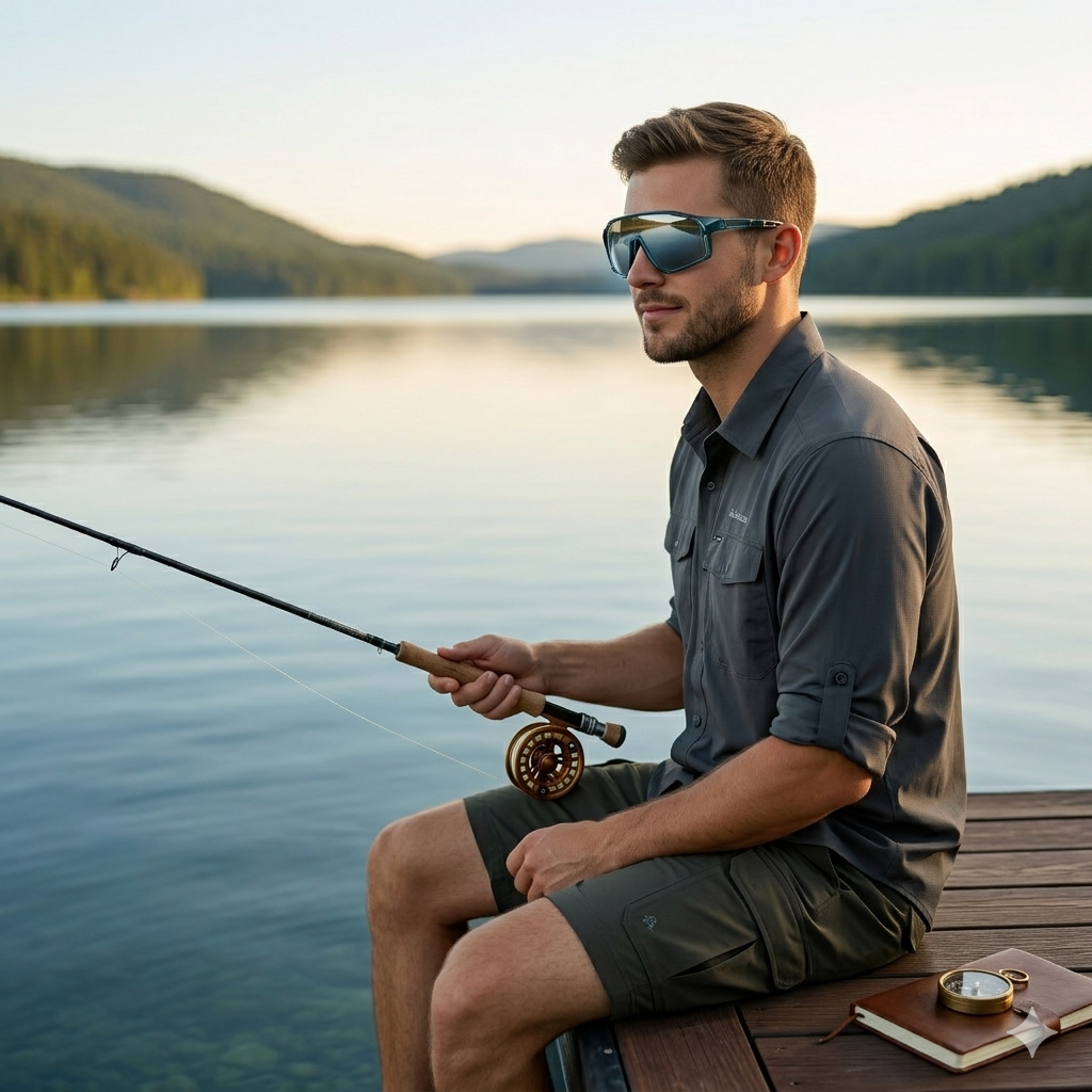 Man fishing by a lake with sunglasses on