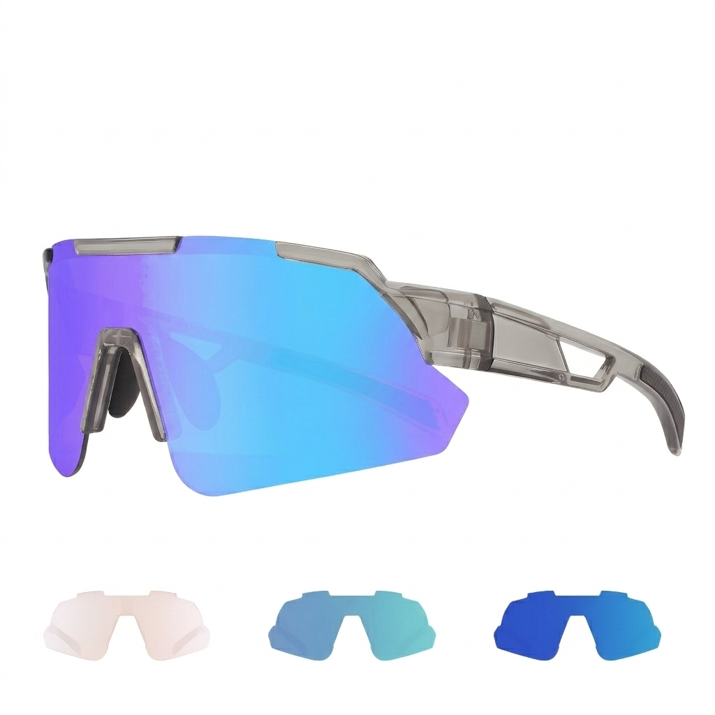 Performance cycling sunglasses with blue mirrored lens and interchangeable lens options