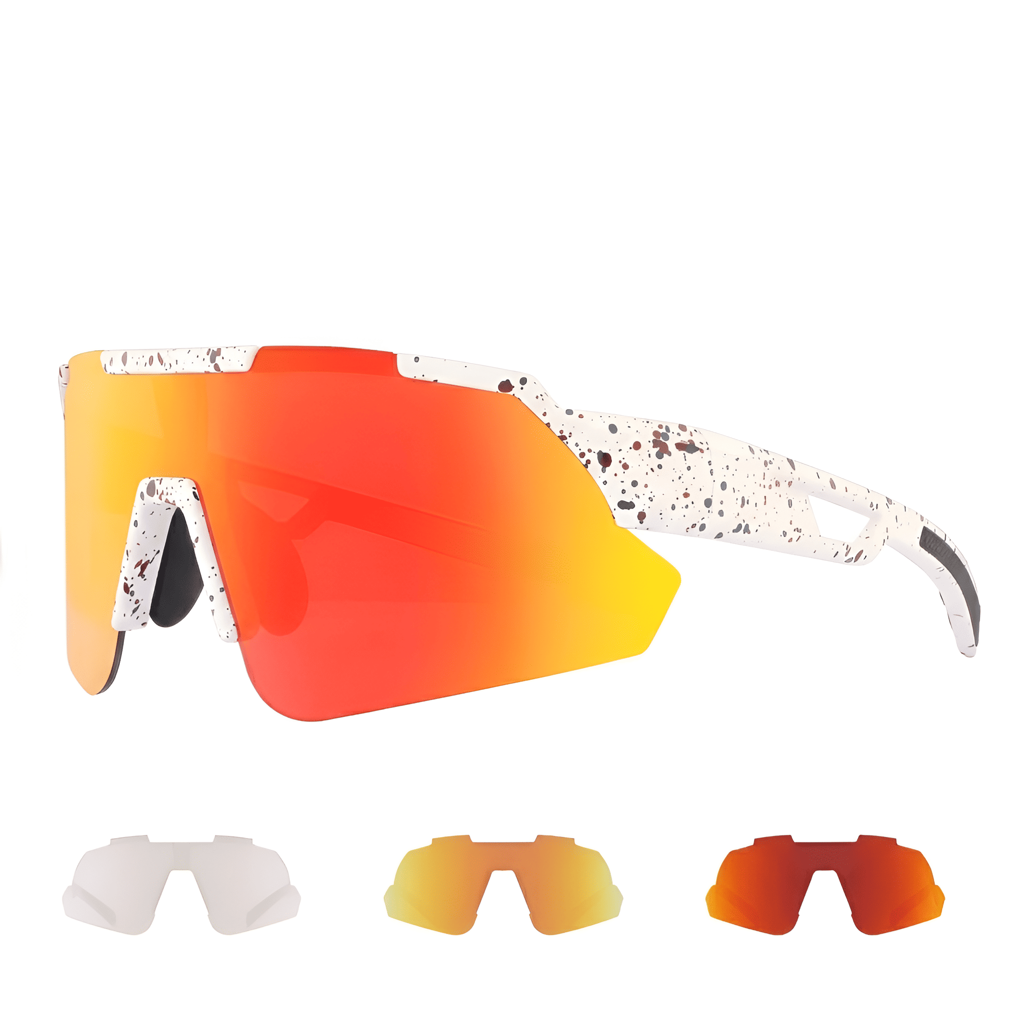 Prescription cycling sunglasses with white speckled frame, red-orange lens, and extra lenses