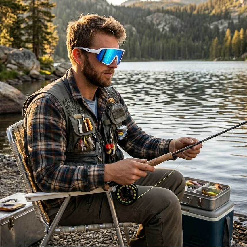 Man fishing by a lake with mountains in the background