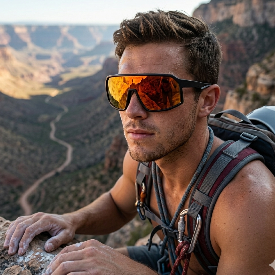 Man with reflective sunglasses and climbing gear overlooking a canyon.