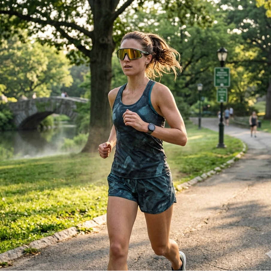 Woman running in a park with trees and a bridge in the background