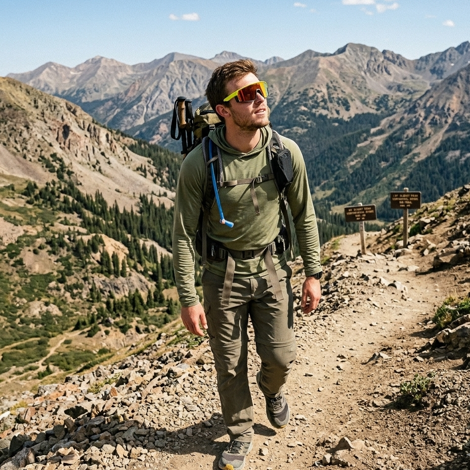 Man hiking on a mountain trail with backpack and sunglasses