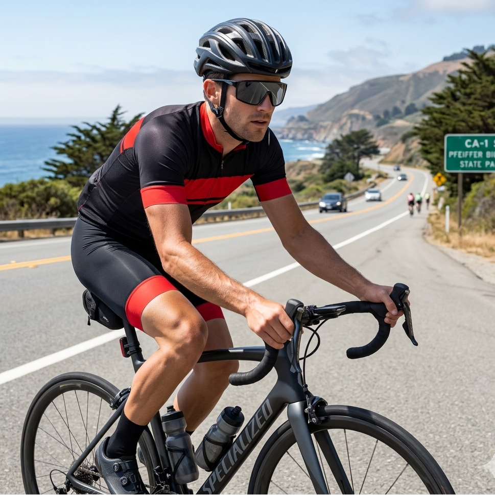 Cyclist in black and red outfit riding on a scenic road with ocean view