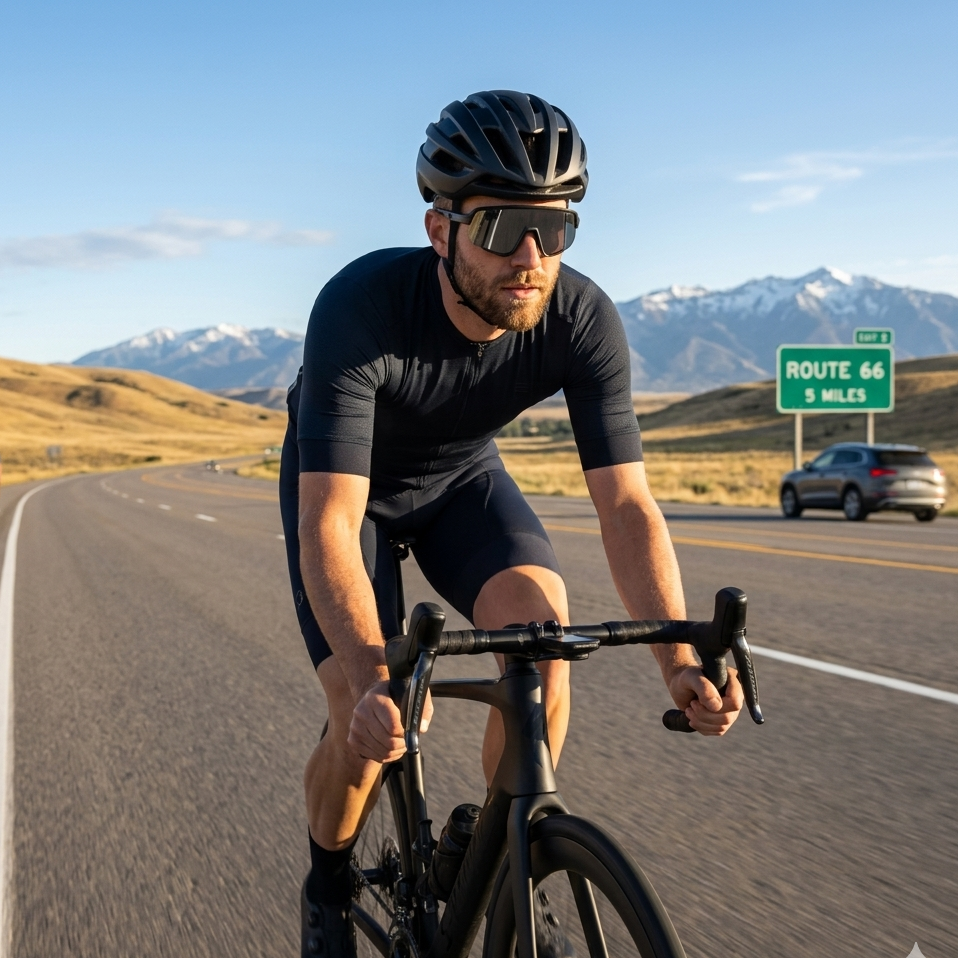 Cyclist on a road with mountains and Route 66 sign in the background