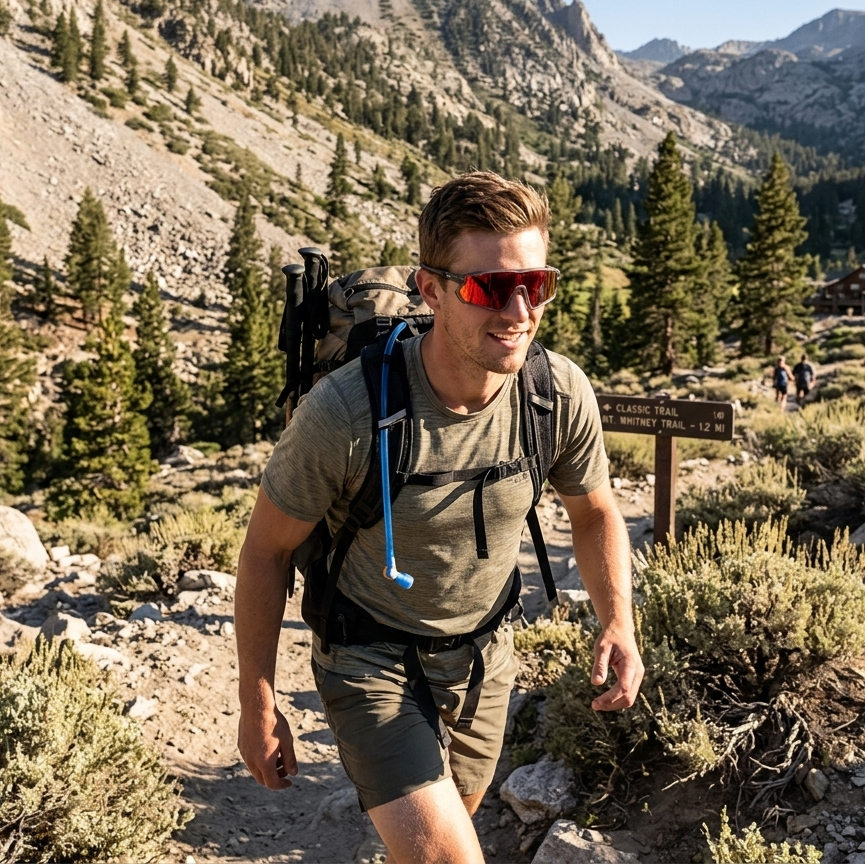 Man hiking in a mountainous area with backpack and sunglasses