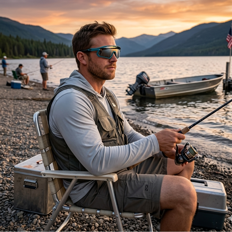 Man fishing by a lake with mountains in the background