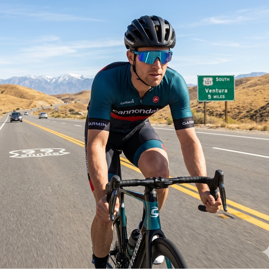 Cyclist on a road with mountains in the background