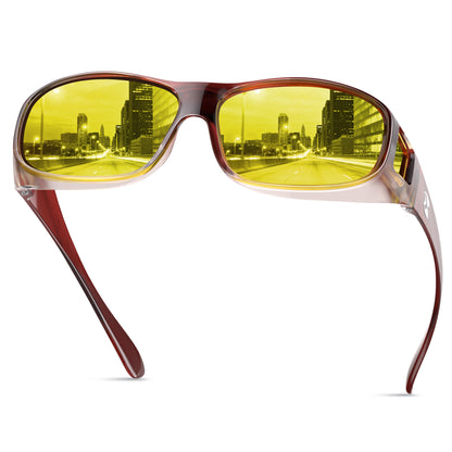 suoso Night Driving Glasses Fit Over Eyeglasses for Men Women, Polarized Anti Glare Night Vision Glasses HD Yellow Lens