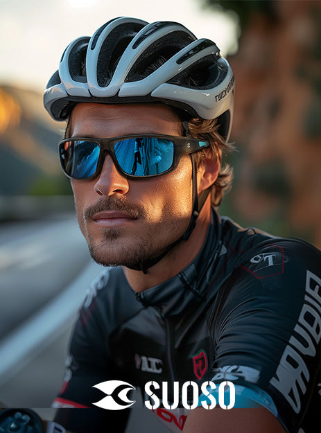 Cyclist wearing reflective prescription cycling sunglasses and helmet outdoors