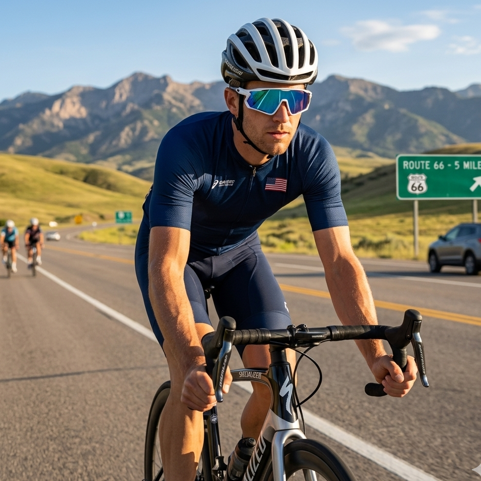 Cyclist on a road with mountains in the background